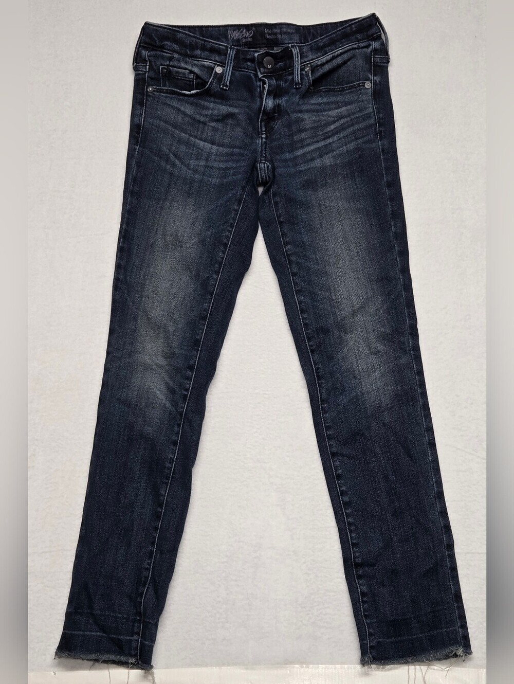 Mossimo Denim Jeans Mid Rise Skinny Power Stretch Raw Leg Hem Style